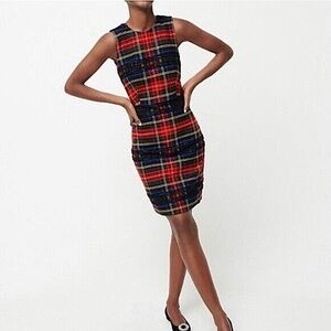 J. Crew Lurex Stewart tartan plaid sheath dress with black tinsel trim